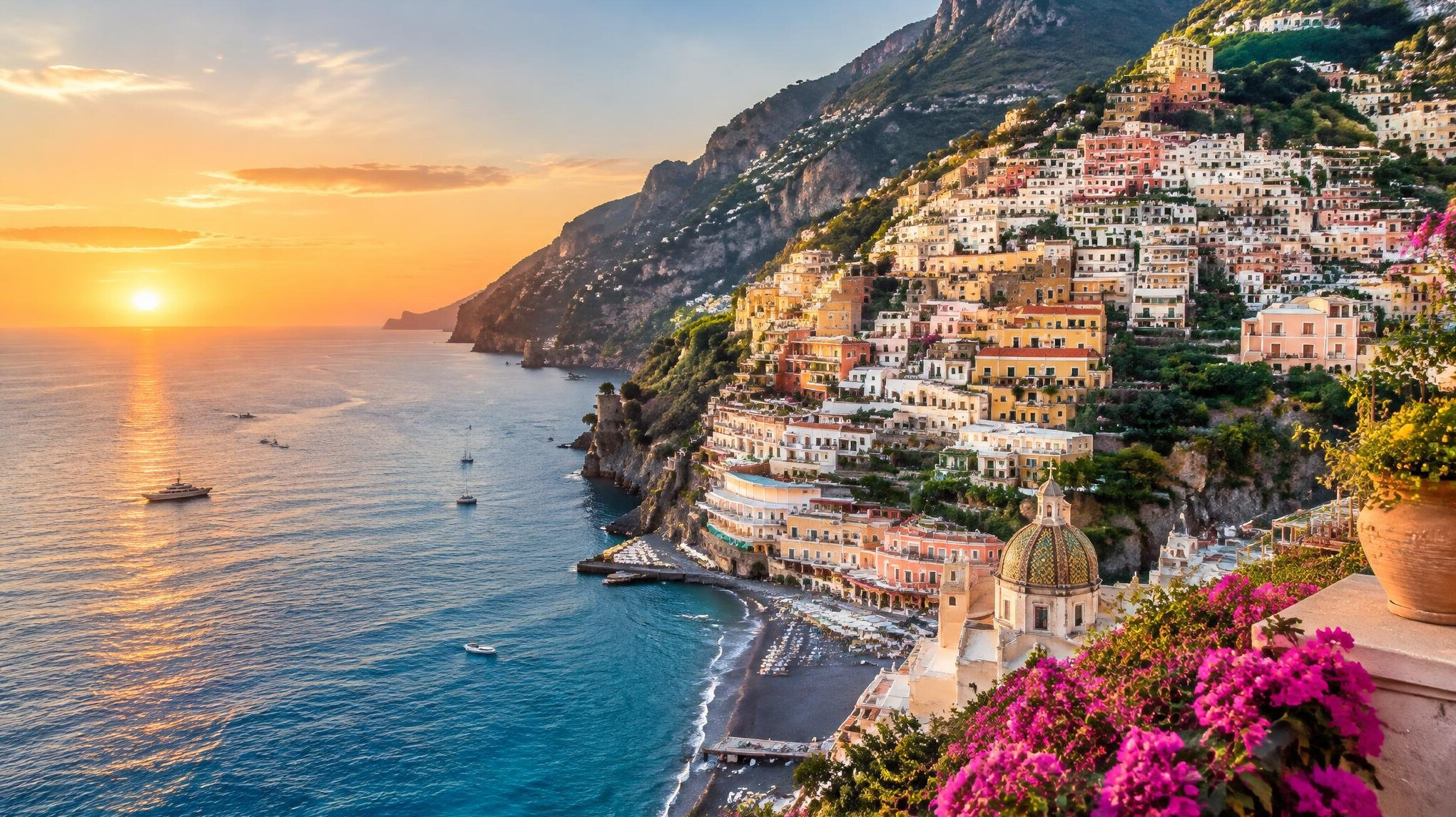 Colorful cliffside town on the Amalfi Coast above blue sea
