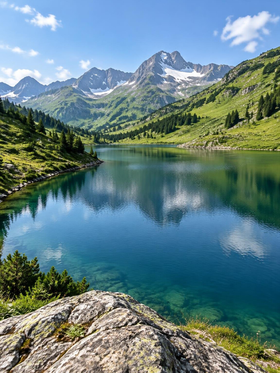 Alpine lake with mountains and a green hillside