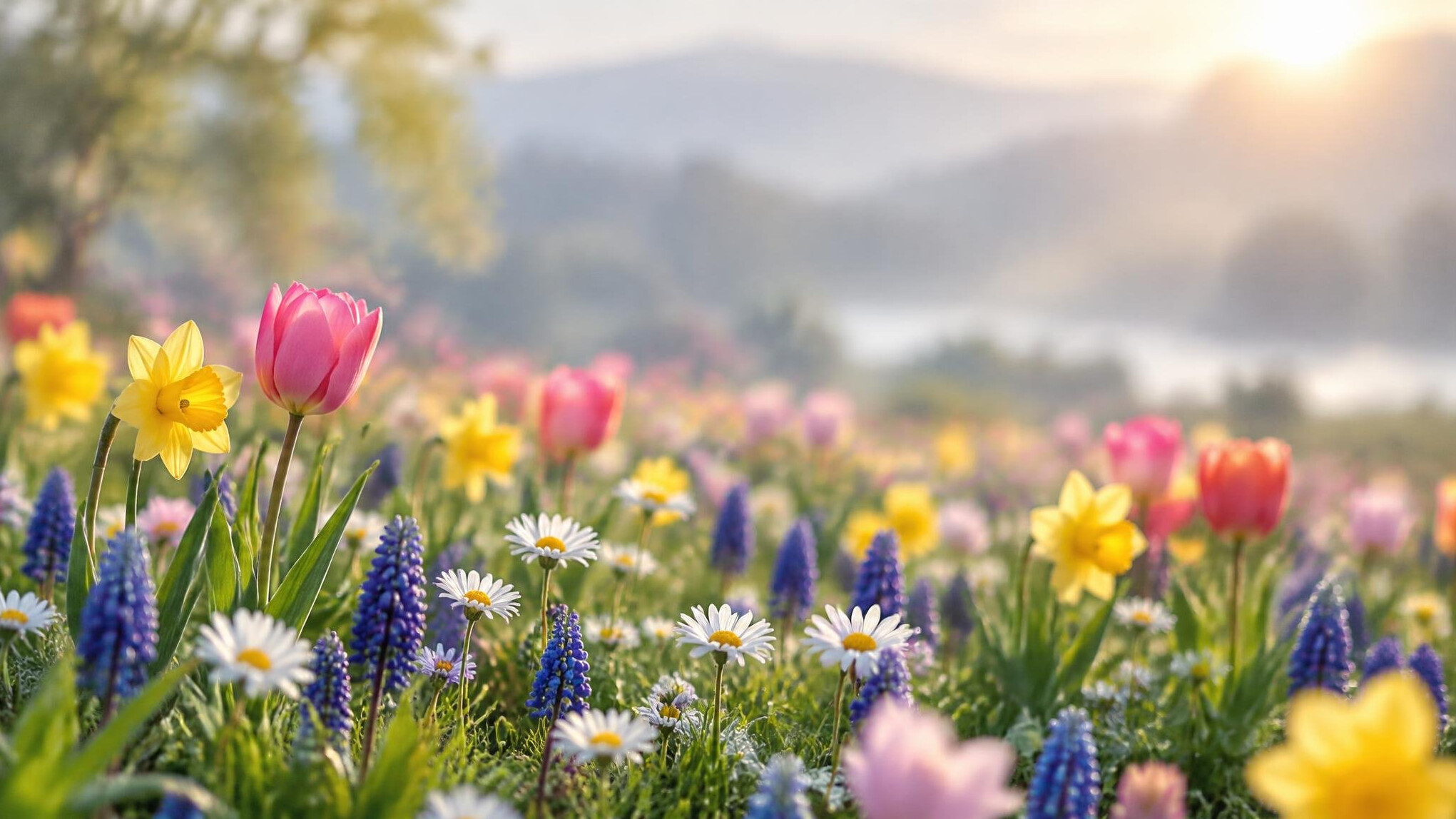 Field of spring flowers in soft light