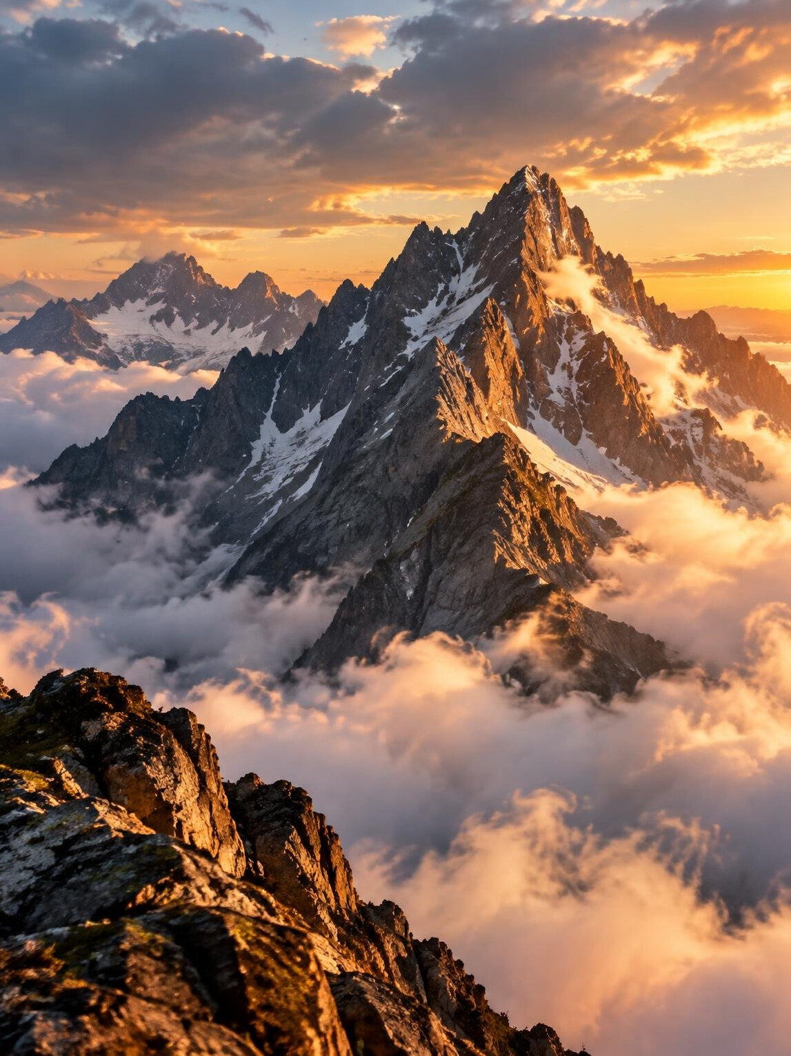 Rugged mountain peaks under dramatic clouds