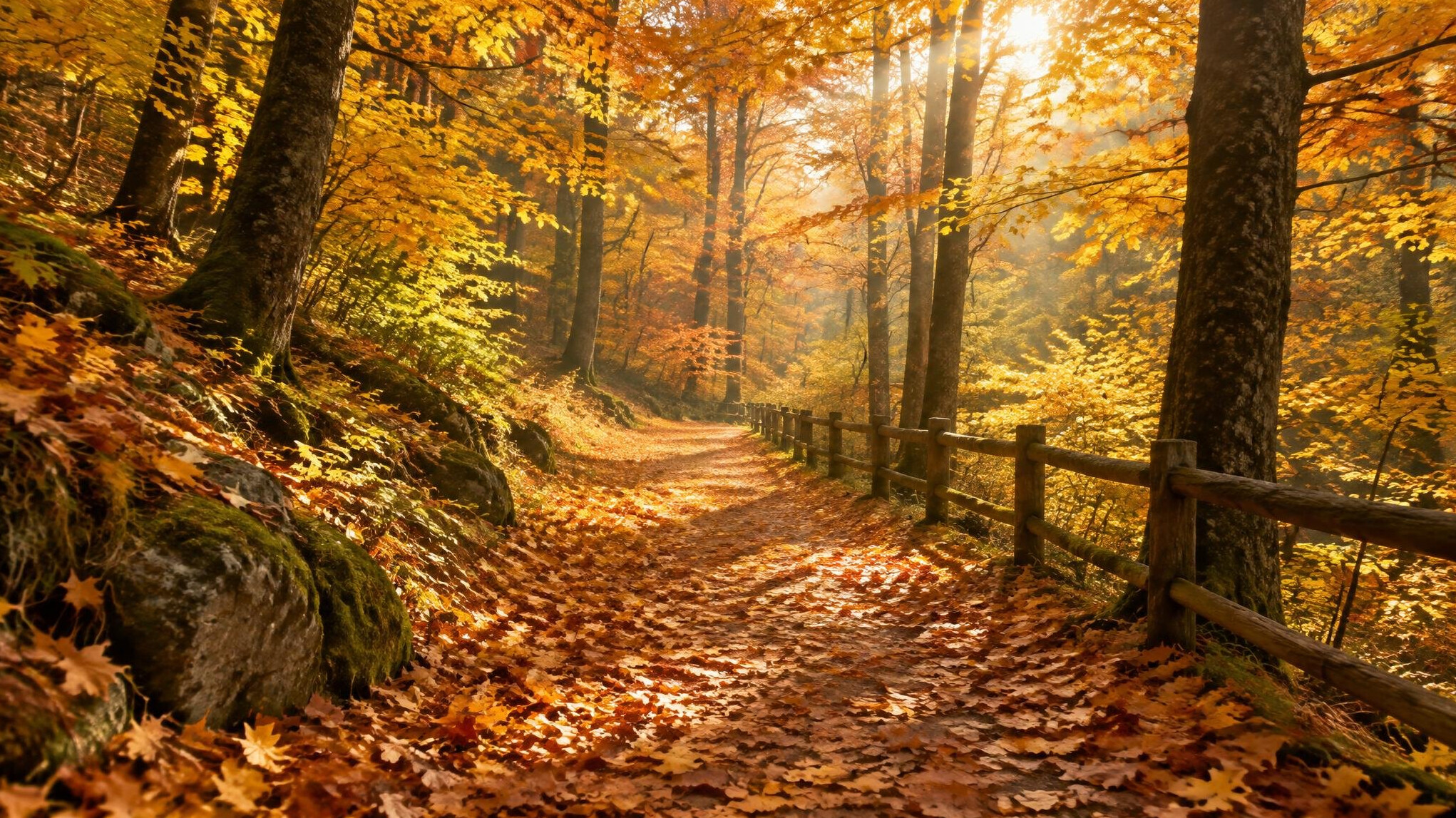 Forest path with golden autumn leaves