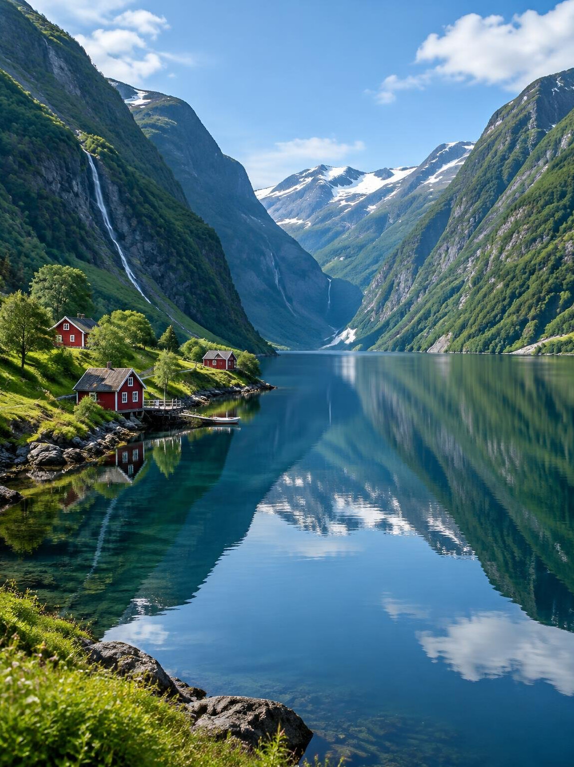 Norwegian fjord with steep green mountains and still water