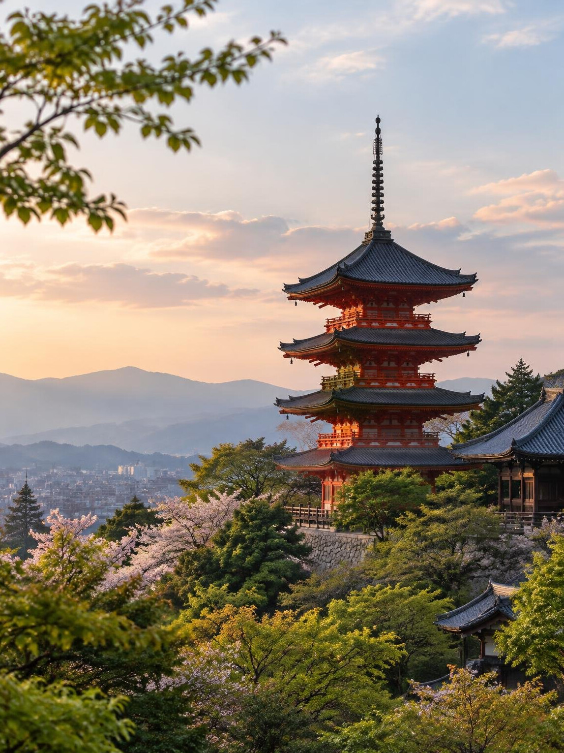Japanese pagoda among autumn trees in Kyoto