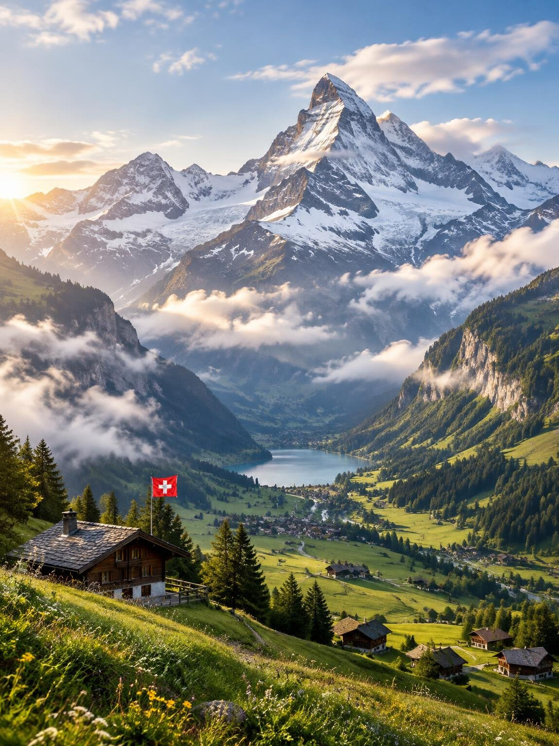Snow-capped alpine mountains above green valleys
