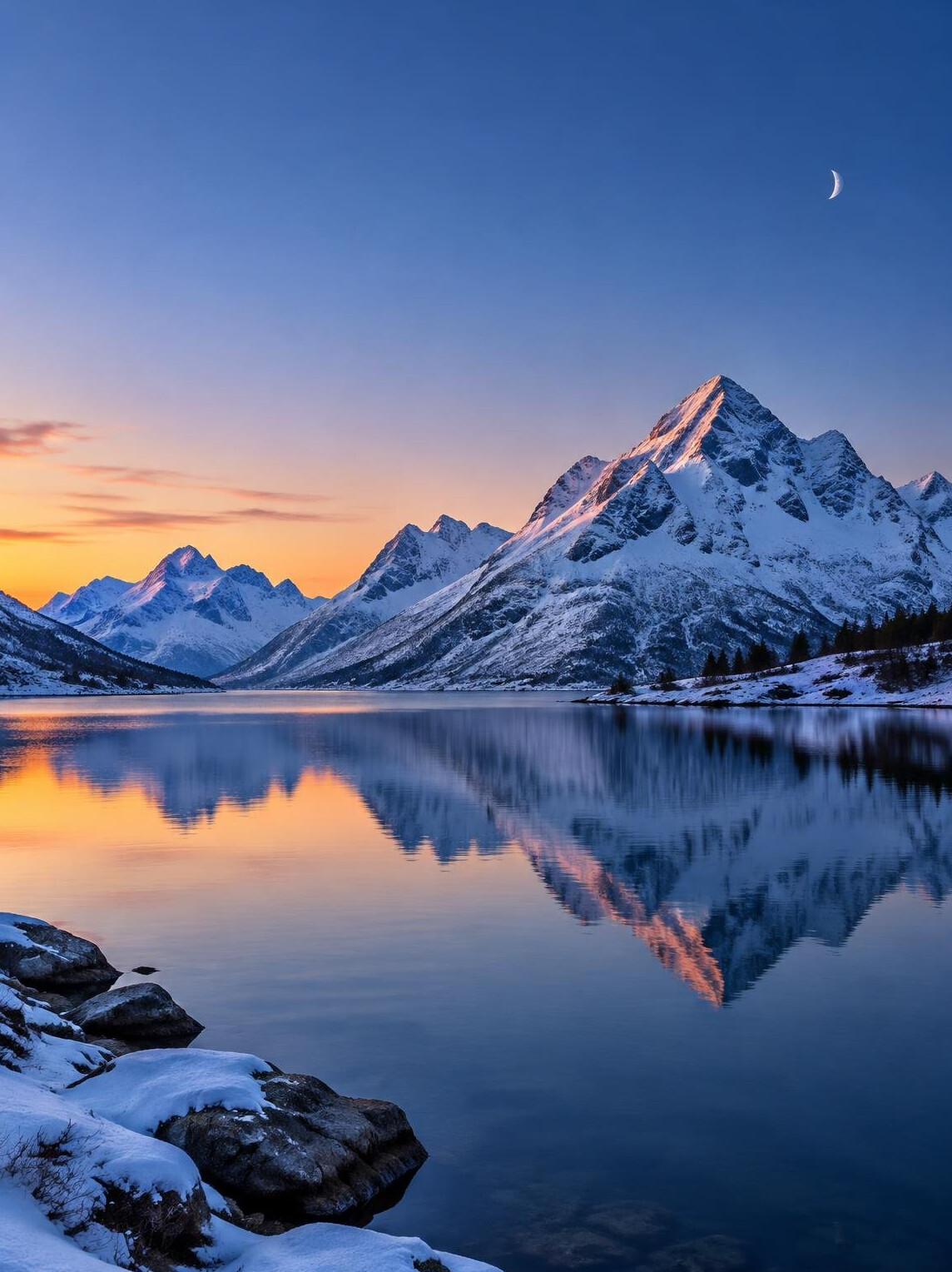Northern landscape with snowy mountains and green sky