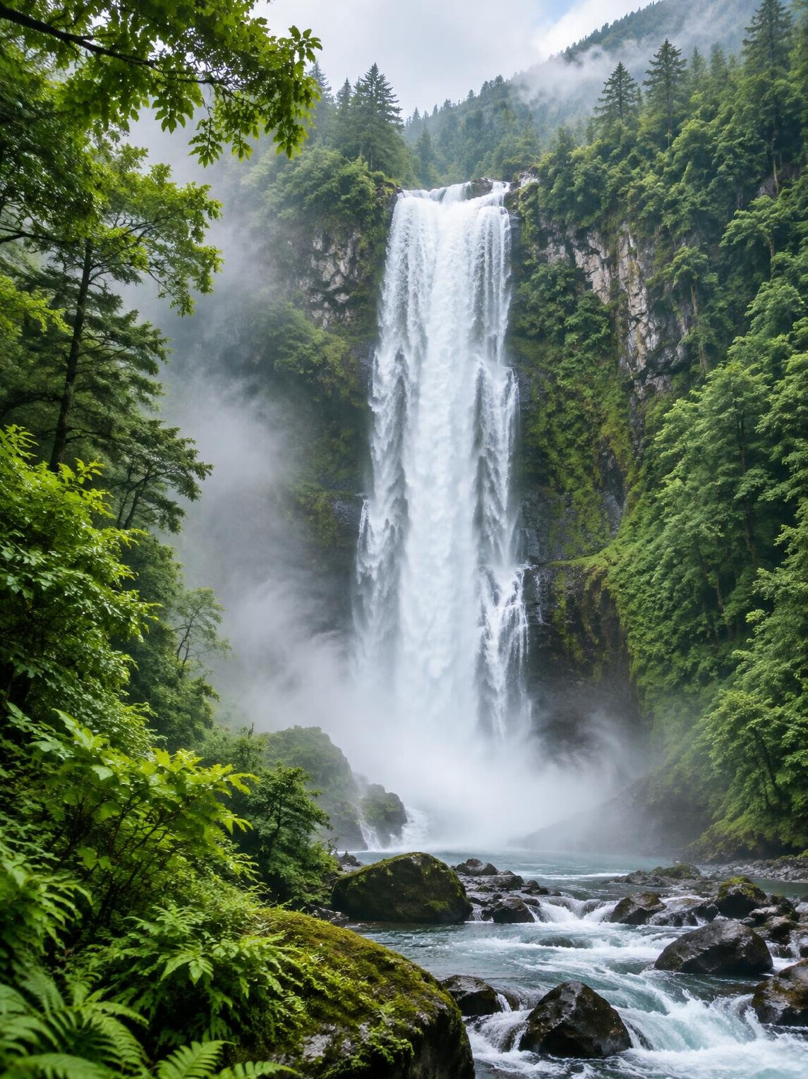 Waterfall flowing through lush green forest
